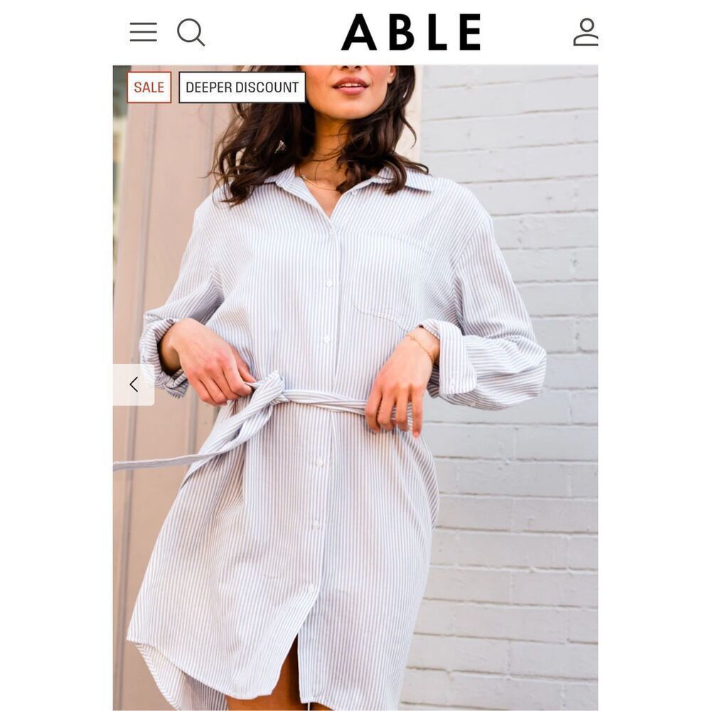 Able Blue White Striped Tie Waist Harris Button Down Shirt Dress Size Medium
